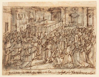 Strona ze szkicownikiem z procesją z Hostią i Mszą Papieską autorstwa Jan van der Straet, called Stradanus