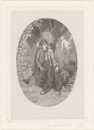 Mężczyzna przy drzewie w lesie autorstwa Jan van der Veen (prentmaker)