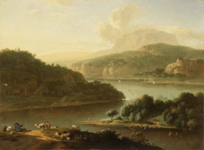 Krajobraz rzeczny z pasterzem i wieśniaczką na pierwszym planie autorstwa Jan van der the Younger Meer