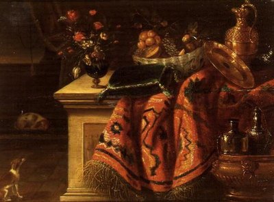 Martwa natura z wazonem z kwiatami, owocami w misce, pozłacanym dzbankiem i talerzem oraz poduszką autorstwa Jan van the Elder (follower of) Kessel