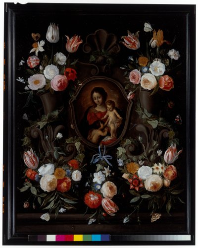 Kamienny kartusz ozdobiony kwiatami i motylami autorstwa Jan van the Elder Kessel
