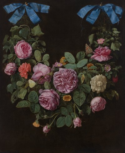 Szpaler róż zawieszony na niebieskich wstążkach (olej na płótnie) autorstwa Jan van the Elder Kessel