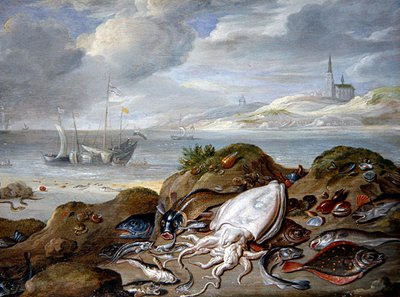 Krajobraz ujściowy z rybami na wydmie (olej na miedzi) autorstwa Jan van the Elder Kessel