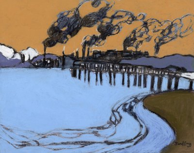 Anacortes Smokeshow, ok. 2024 (węgiel, akwarela i kazeina na papierze) autorstwa Janel Bragg