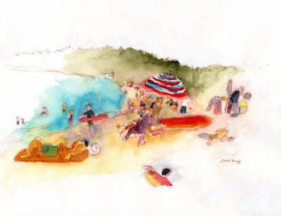 Plażowicze i surferzy w zatoce Hanalei, ok. 2019 (akwarela i ołówek na papierze) autorstwa Janel Bragg