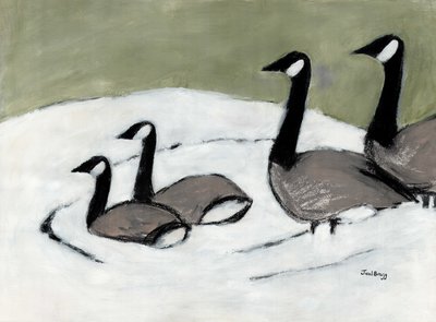 Gęsi kanadyjskie na stawie Davida, ok. 2019 (węgiel, akwarela i gesso na papierze) autorstwa Janel Bragg