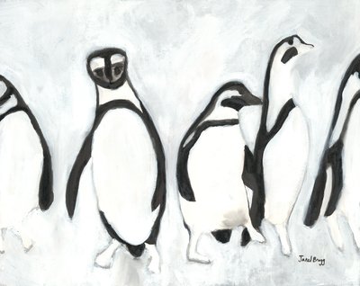 Pingwiny w Woodland Park Zoo, ok. 2021 (tusz sumi i gesso na papierze) autorstwa Janel Bragg