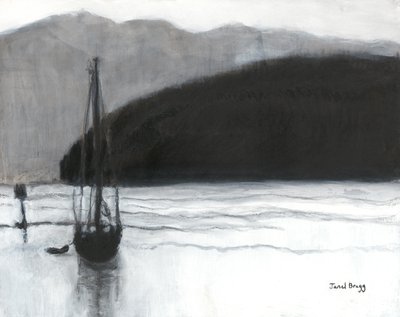 Żaglówka w porcie Anacortes, ok. 2021 (węgiel, tusz i gesso na papierze) autorstwa Janel Bragg