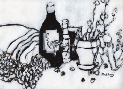 Martwa natura z oliwą z oliwek i szyszkami sosnowymi, ok. 2017 (węgiel i gesso na papierze) autorstwa Janel Bragg