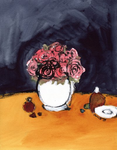 Martwa natura z różami i butelkami perfum, ok. 2020 (tusz i akwarela na papierze) autorstwa Janel Bragg