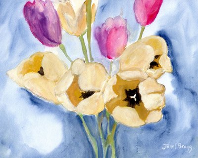 Tulipany na stole mamy, ok. 2016 (kazeina i akwarela na papierze) autorstwa Janel Bragg