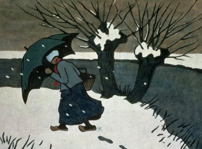Burza śnieżna (drzeworyt na papierze) autorstwa Janet Fisher