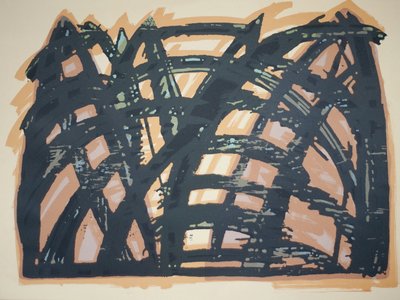Head On (iii), 2014 (drzeworyt i sitodruk piłą łańcuchową) autorstwa Janet McKenzie