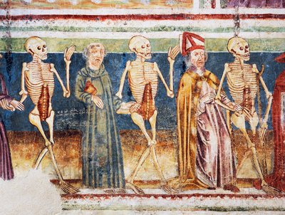 Kościół obronny Hrastovlje, Kościół Trójcy Świętej, Śmierć towarzysząca biskupowi i mnichowi, Taniec Śmierci (1490), fragment fresków Janeza Iz Kastvy, Słowenia autorstwa Janez Kastav