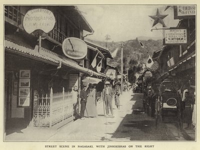 Scena uliczna w Nagasaki, z Jinrikishas po prawej autorstwa Japanese Photographer