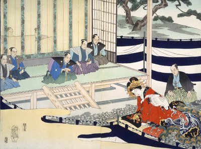 Mężczyzna przesłuchuje kobietę, z XIX-wiecznego albumu drzeworytów (druk kolorowy blok drewna) autorstwa Japanese School