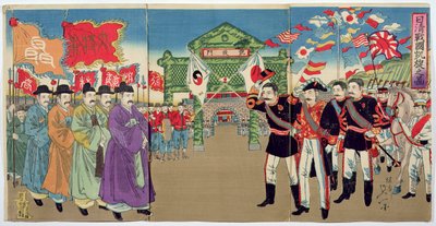 Spotkanie oficerów japońskich z urzędnikami koreańskimi, epizod z wojny chińsko-japońskiej, koniec XIX wieku (kolorowy drzeworyt) autorstwa Japanese School