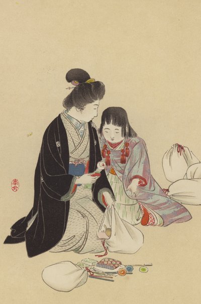 Matka i jej dziewczyna przygotowujące prezenty do wysłania na front (chromolitho) autorstwa Japanese School