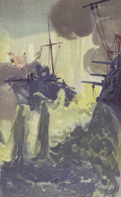 Nocny atak japońskich niszczycieli torpedowców na rosyjską eskadrę w pobliżu Port Arthur (chromolitho) autorstwa Japanese School