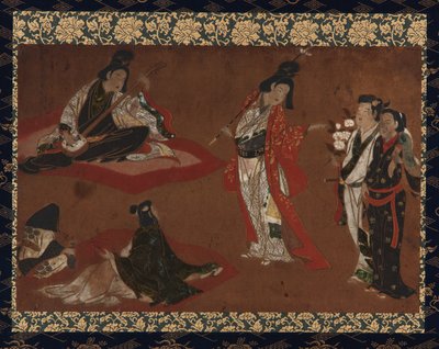Piknik, Wiszący zwój (zamontowany na desce), początek XVII w. (kolor i złoto na papierze) autorstwa Japanese School