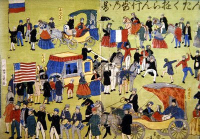 Amerykanie, Holendrzy i Francuzi przybywający do Jokohamy w Japonii, ok. 1860 (kolorowy drzeworyt) autorstwa Japanese School