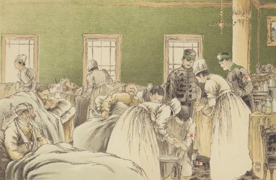 Opieka nad rannymi Rosjanami w Tymczasowym Szpitalu Japońskiego Czerwonego Krzyża w Chemulpo (chromolitho) autorstwa Japanese School