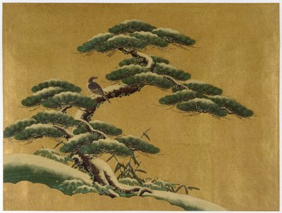 Ptak na drzewie (wc na tle złota na papierze japońskim) autorstwa Japanese School