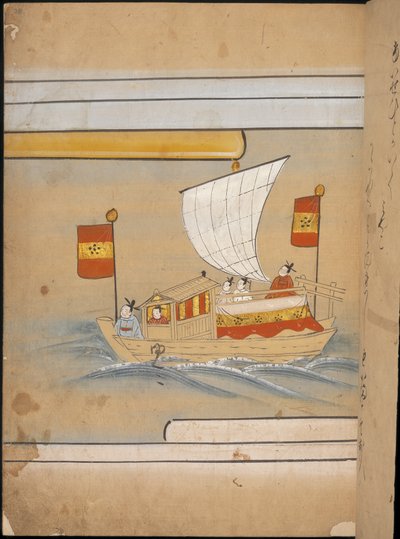 Chińscy wysłannicy w łodzi, ilustracja z „Taishokkan” (tusz i kolor na papierze) autorstwa Japanese School