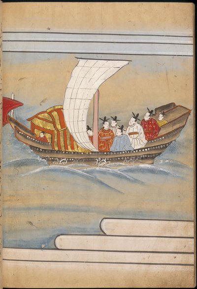 Chińscy wysłannicy w łodzi, ilustracja z „Taishokkan” (tusz i kolor na papierze) autorstwa Japanese School