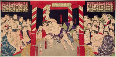 Combat de sumo entre Umegatani Totaro I (1845-1928) i Haibirya. Estampe vers 1860-1870 - mecz zapaśniczy Umegatani vs Haibirya, Anonim. Kolorowy drzeworyt autorstwa Japanese School