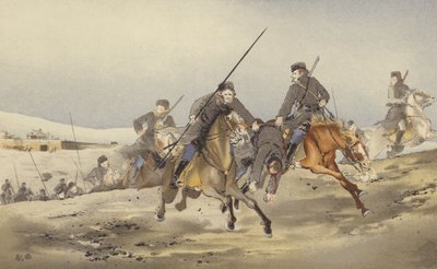Uciekający Kozacy z Rannym (chromolitho) autorstwa Japanese School