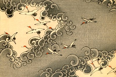 Żurawie latające w szarych chmurach autorstwa Japanese School