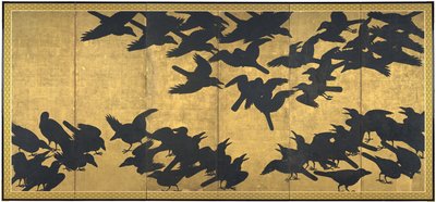 Wrony, początek XVII w. (Para ekranów o sześciu panelach; atrament i złoto włączone) papier) autorstwa Japanese School