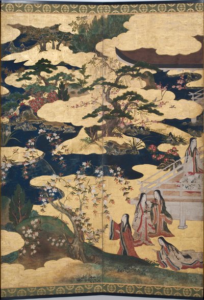 Fragment Wiosny w pałacu, sześciokrotny ekran z Opowieści Genji, ok. 1650 (tusz, farby i złoto na papierze) autorstwa Japanese School
