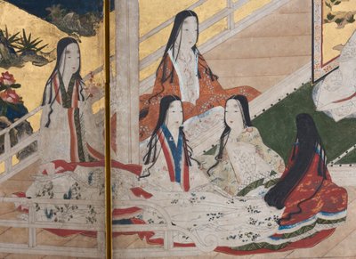 Fragment Wiosny w pałacu, sześciokrotny ekran z Opowieści Genji, ok. 1650 (tusz, farby i złoto na papierze) autorstwa Japanese School