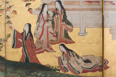 Fragment Wiosny w pałacu, sześciokrotny ekran z Opowieści Genji, ok. 1650 (tusz, farby i złoto na papierze) autorstwa Japanese School