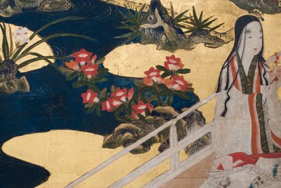 Fragment Wiosny w pałacu, sześciokrotny ekran z Opowieści Genji, ok. 1650 (tusz, farby i złoto na papierze) autorstwa Japanese School