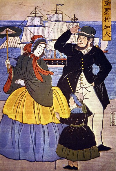 Europejska rodzina w porcie Jokohama namalowana przez japońskiego artystę w 1861 roku autorstwa Japanese School
