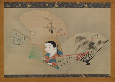 Pięć wachlarzy, autorstwa Sakai Hoitsu (1761-1828), Tani Buncho (1763-1840), Haruki Nanko (1759-1839), Kameda Bosai (1752-1826) i Kikuchi Gozan (1772-1855), ok. 1820 (zwój wiszący, tusz, gofun i złoto na jedwabiu) autorstwa Japanese School