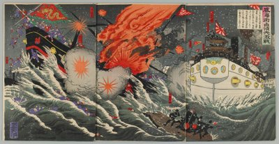 Wielka bitwa morska w Weihaiwei, era Meiji, 1895 (kolorowy drzeworyt) autorstwa Japanese School