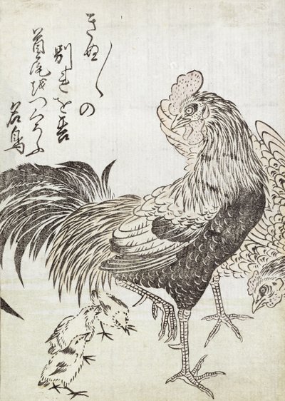 Kura, kogut i kurczaki (drewnodruk) autorstwa Japanese School
