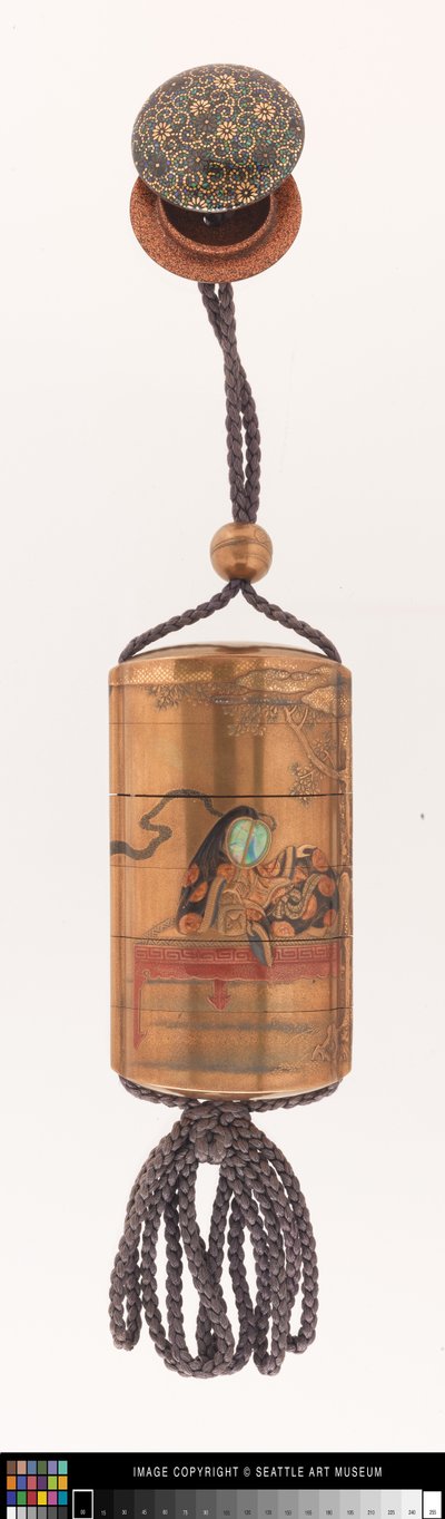 Inro ozdobiony damą dworu, ojime i netsuke autorstwa Japanese School