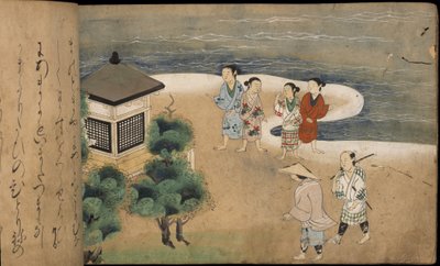 Japońscy mężczyźni przy pagodzie, ilustracja z „Taishokkan” (tusz i kolor na papierze) autorstwa Japanese School