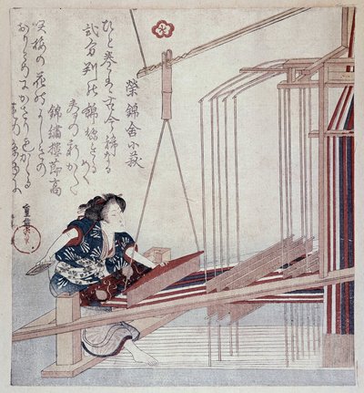 Japońskie krosno tkackie, druk z końca XIX wieku autorstwa Japanese School