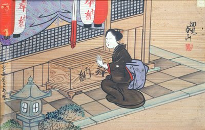 Pani modląca się w świątyni Shinto (gwasz na drewnie) autorstwa Japanese School