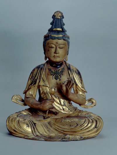 Miroku Bosatsu (drewno ze złoceniami, złotym indygo, brązem i koralikami) autorstwa Japanese School