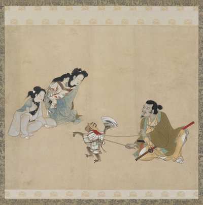Trener małp i małpa wykonująca taniec, okres Edo (atrament, kolor i złoto na papierze) autorstwa Japanese School
