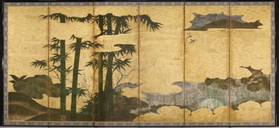 Moonlit Bamboo Grove, początek XVI wieku (para sześciopanelowych ekranów; atrament, kolor i złoto) na papierze) autorstwa Japanese School