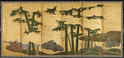 Moonlit Bamboo Grove, początek XVI wieku (para sześciopanelowych ekranów; atrament, kolor i złoto) na papierze) autorstwa Japanese School