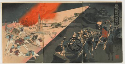 Nocna bitwa w Pingyang, era Meiji, 1894 (kolorowy drzeworyt) autorstwa Japanese School